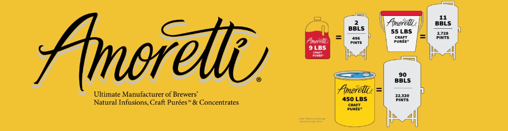 Amoretti promotional banner for Craft Purée, showing 9 lbs, 55 lbs, and 450 lbs containers equivalent to 2 BBLS, 11 BBLS, and 90 BBLS respectively. The banner features the Amoretti logo and tagline Ultimate Manufacturer of Brewers' Natural Infusions, Craft Purées & Concentrates.